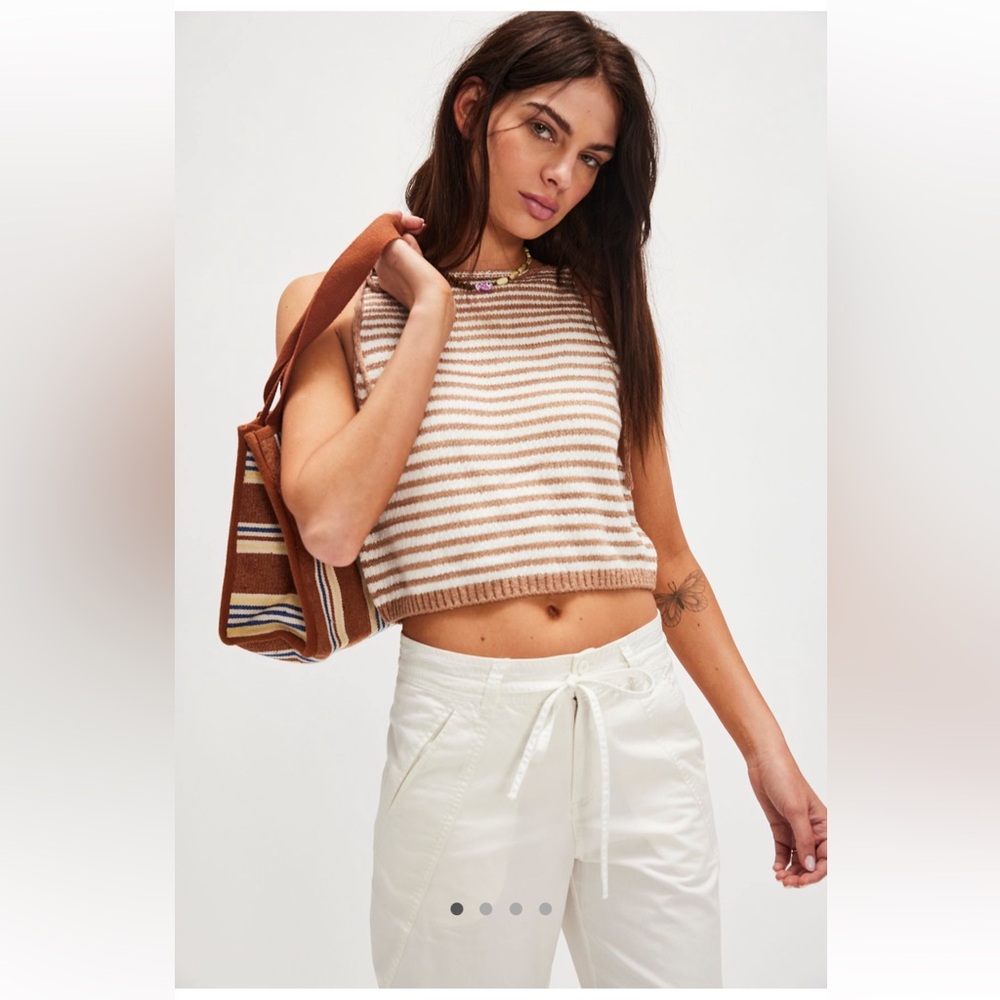 Free People Striped Cropped Tank Top in Cream and Tan